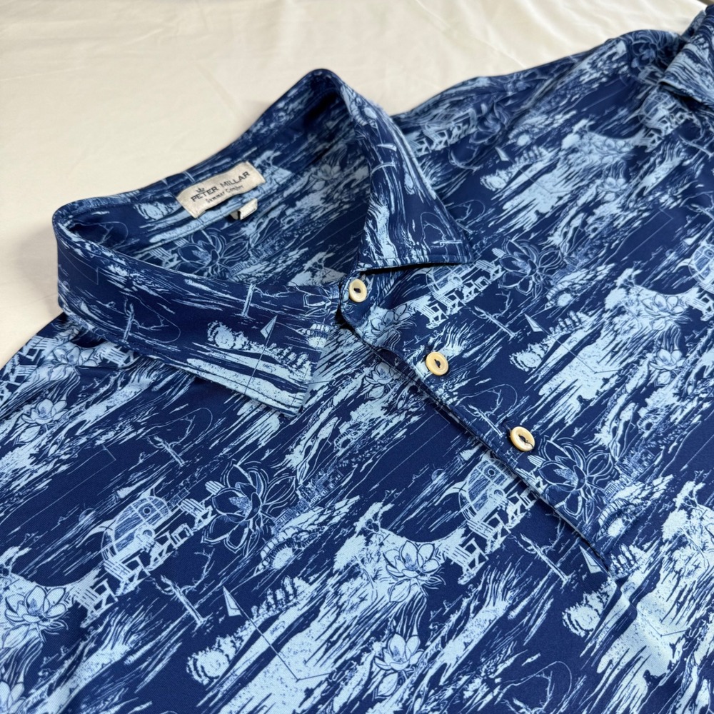 Peter Millar Summer Comfort Polo Mens XXL Blue Scenic Print Stretch Golf Shirt